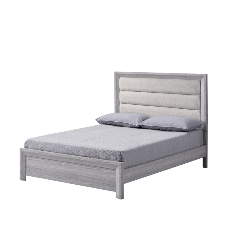 Pemberly Row Queen Bed Channel Tufted Upholstered Headboard Driftwood Gray