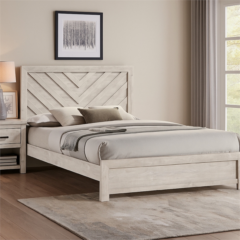 Pemberly Row King Size Bed Chevron Patterned Headboard in Beige Wood Finish