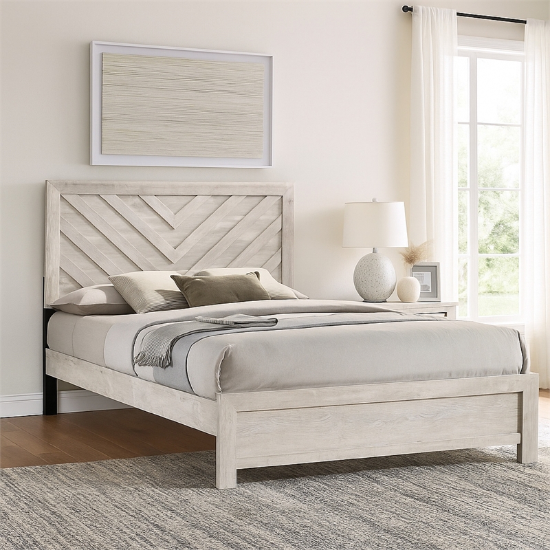 Pemberly Row Queen Size Bed Chevron Patterned Headboard in Beige Wood Finish