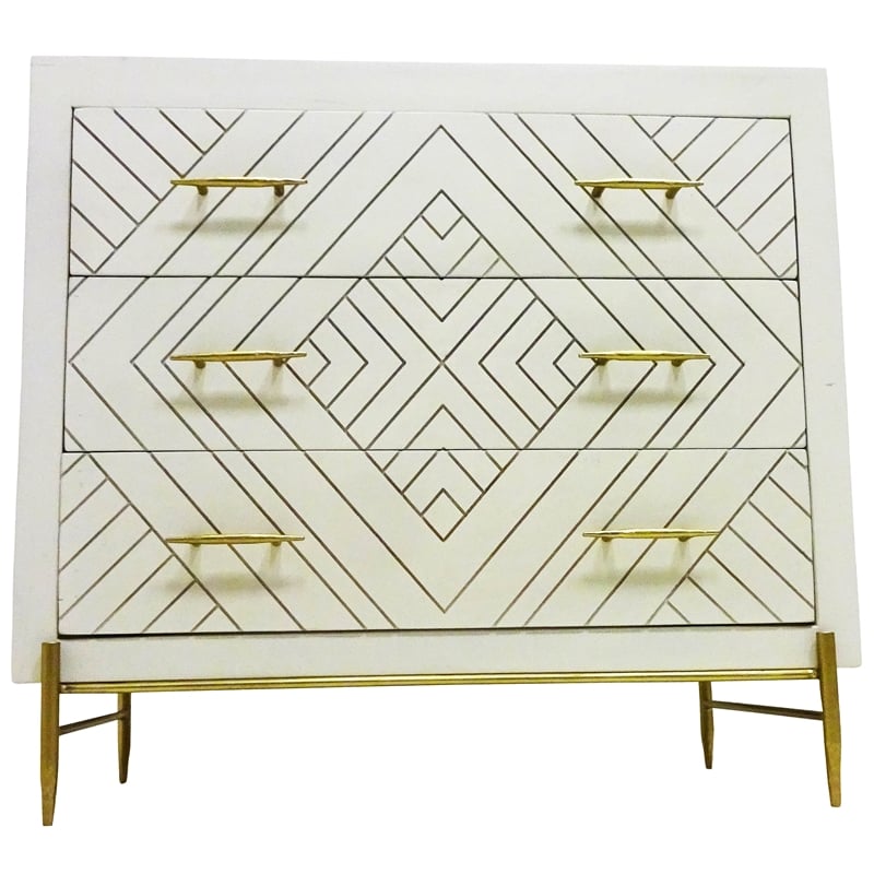 Pemberly Row 3-Drawer Solid Wood Chest in Ivory on Brass-Finished Iron Base