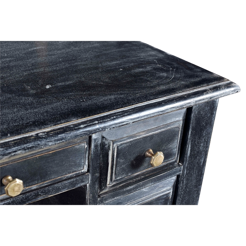Pemberly Row 7-Drawer Hand-Carved Solid Wood Desk in Antique Gray