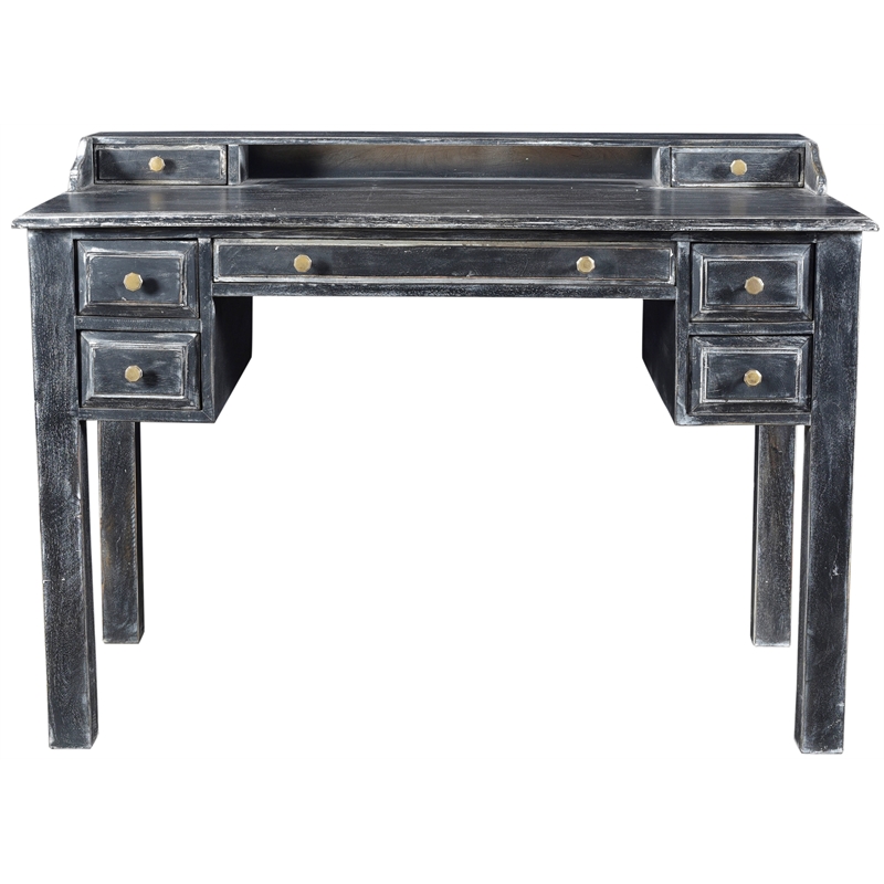 Pemberly Row 7-Drawer Hand-Carved Solid Wood Desk in Antique Gray