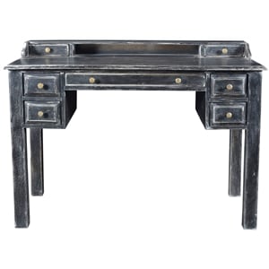 Pemberly Row 7-Drawer Hand-Carved Solid Wood Desk in Antique Gray