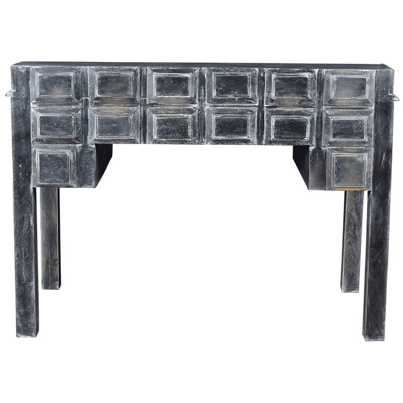 Pemberly Row 7-Drawer Hand-Carved Solid Wood Desk in Antique Gray