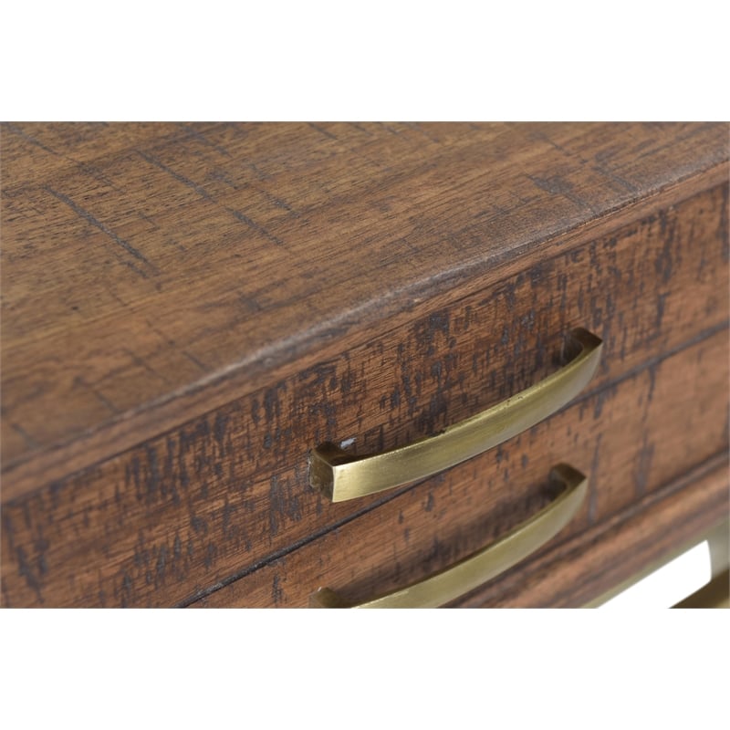 Pemberly Row 2-Drawer Solid Wood Console Table in Natural on Brass Iron Base