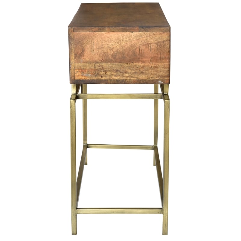 Pemberly Row 2-Drawer Solid Wood Console Table in Natural on Brass Iron Base