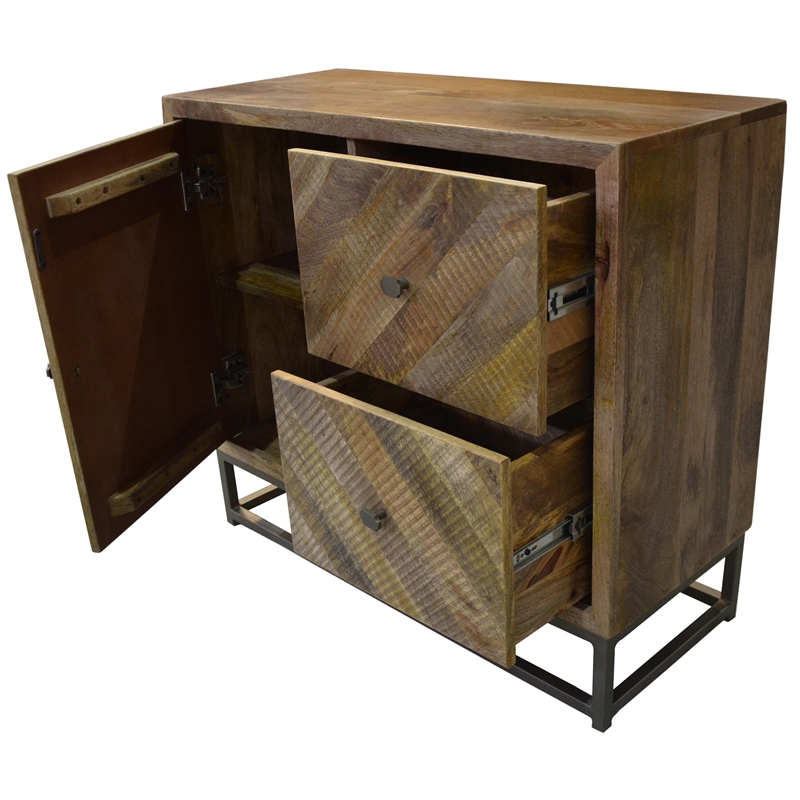 Pemberly Row 2-Drawer 1-Door Solid Wood Cabinet in Natural on Iron Frame