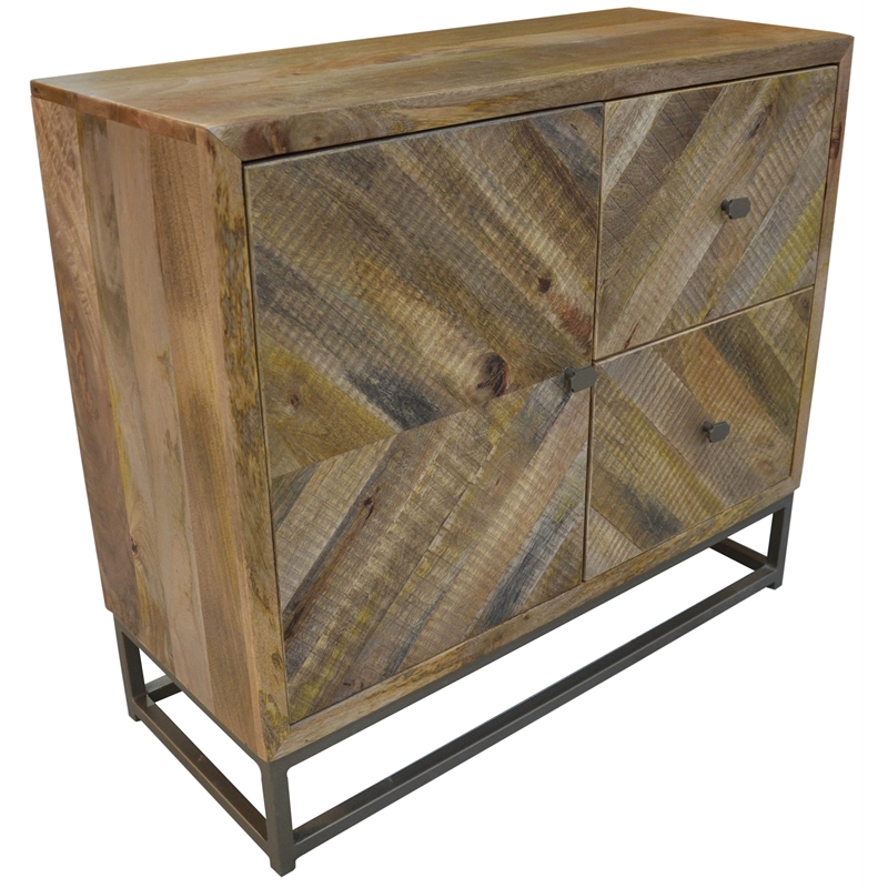 Pemberly Row 2-Drawer 1-Door Solid Wood Cabinet in Natural on Iron Frame