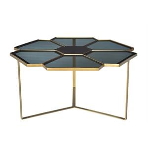 Pemberly Row Cast Iron Coffee Table with Smoked Tempered Glass Top in Gold
