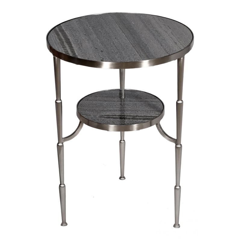 Pemberly Row 2-Tier Cast Iron Side Table with Gray Marble in Satin Nickel