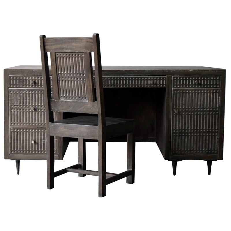 Pemberly Row 5-Drawer Hand-Carved Mango Wood Executive Desk in Antique Brown