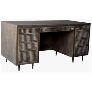 Pemberly Row 5-Drawer Hand-Carved Mango Wood Executive Desk in Antique Brown