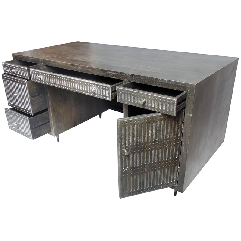 Pemberly Row 5-Drawer Hand-Carved Mango Wood Executive Desk in Antique Brown