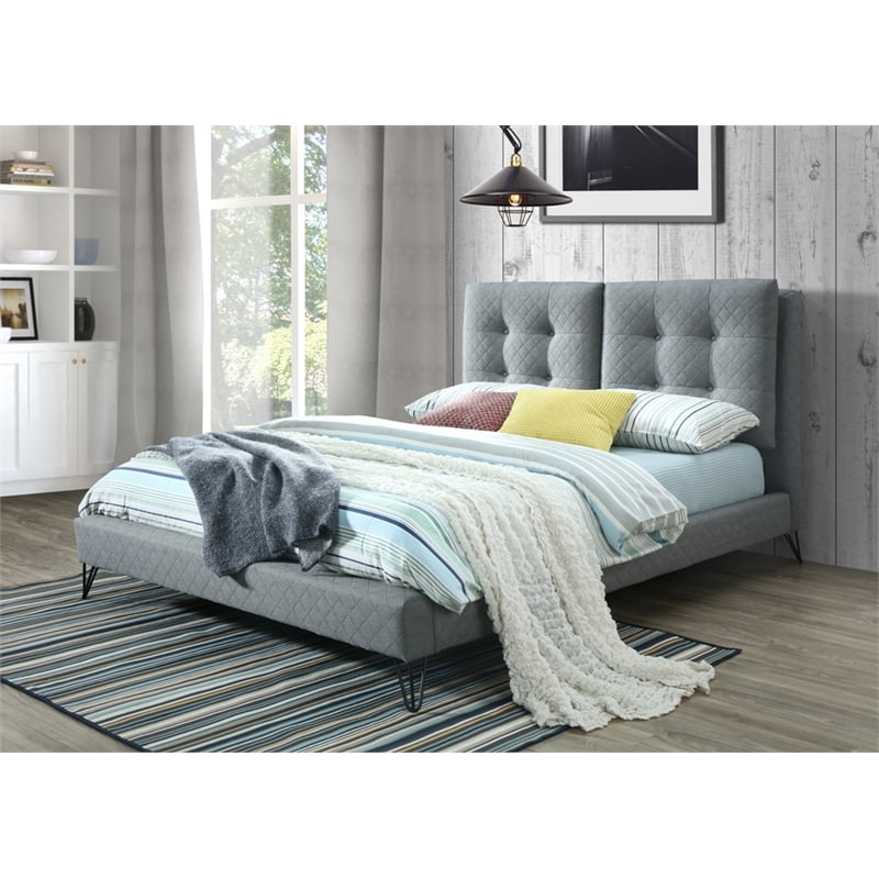 Pemberly Row Queen Bed Upholstered in Gray Fabric with Diamond Quilting