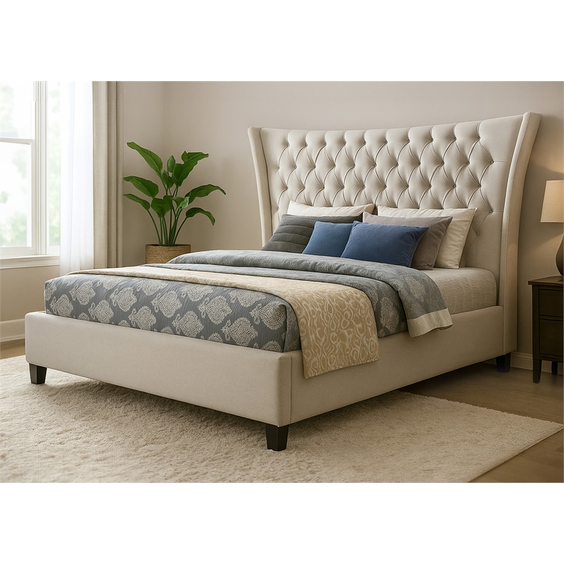 Pemberly Row King Bed Upholstered in Limestone Beige with Tufted Headboard