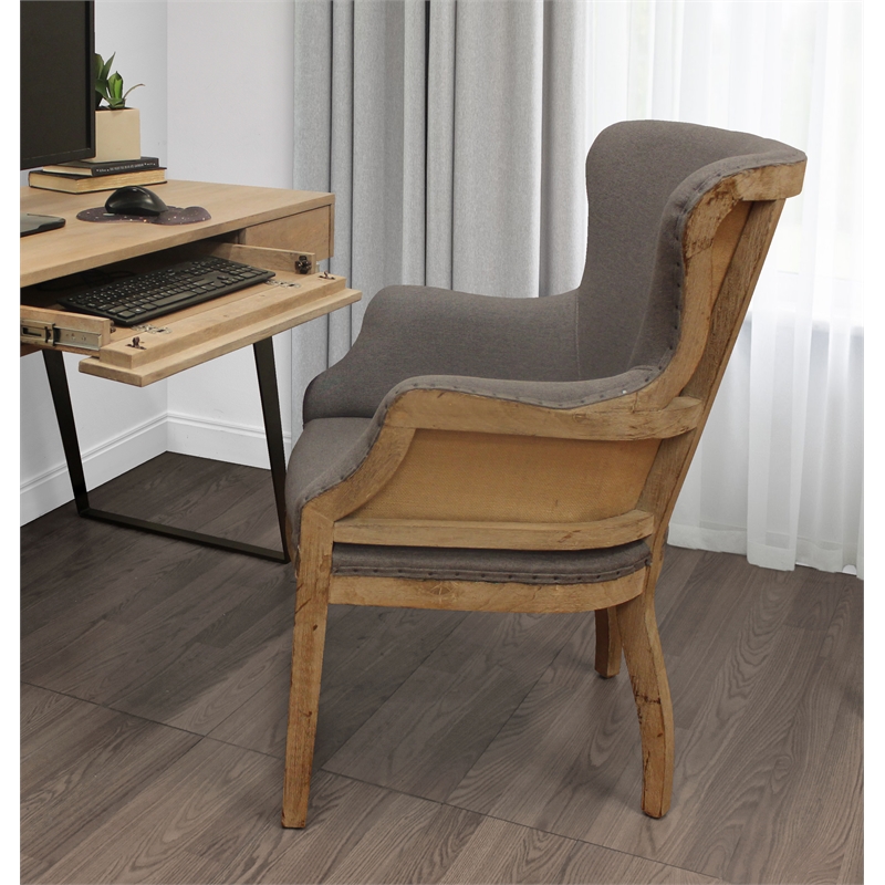 Pemberly Row Exposed Wood Arm Chair in Gray Linen Blend with Nailhead Trim