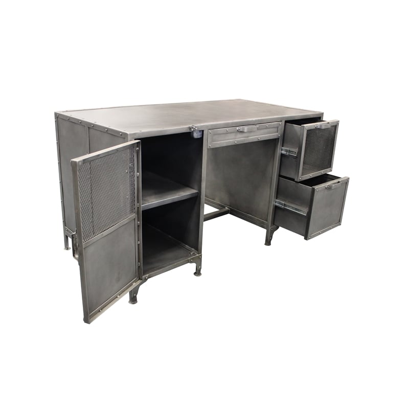 Pemberly Row Industrial Metal Desk with 3 Drawers and 1 Door in Gray