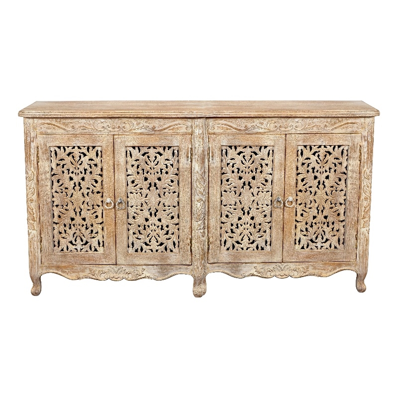 Pemberly Row Hand-Carved Solid Wood 4-Door Sideboard in Antique White