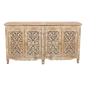 Pemberly Row Hand-Carved Solid Wood 4-Door Sideboard in Antique White
