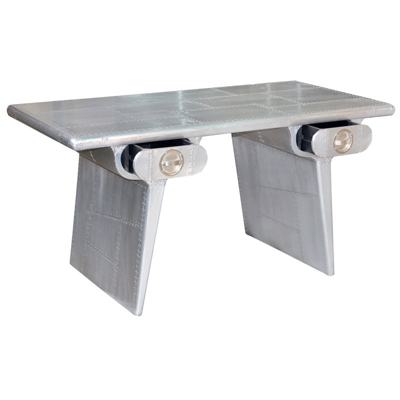 Pemberly Row 2-Drawer Aviation Writing Desk in Silver Aluminum on Solid Wood