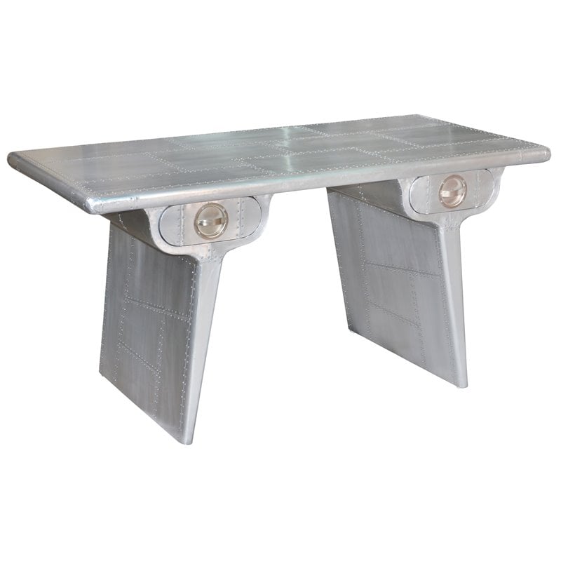 Pemberly Row 2-Drawer Aviation Writing Desk in Silver Aluminum on Solid Wood