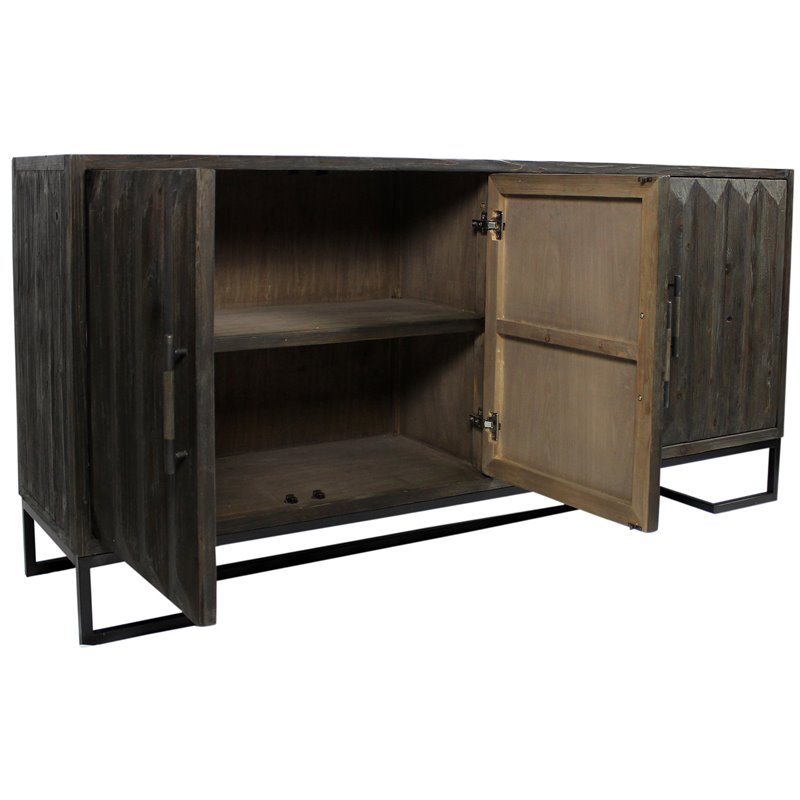 Pemberly Row 4-Door Reclaimed Pine Wood Sideboard on Cast Iron Base in Brown