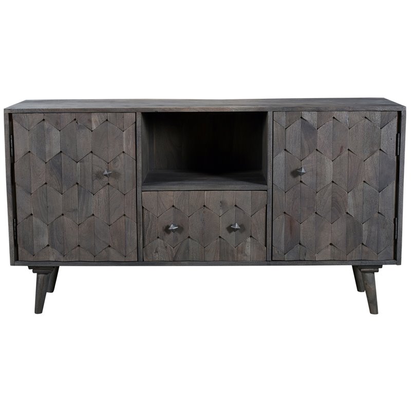 Pemberly Row Kiln-Dried Mango Wood Media Cabinet with Diamond Details in Gray