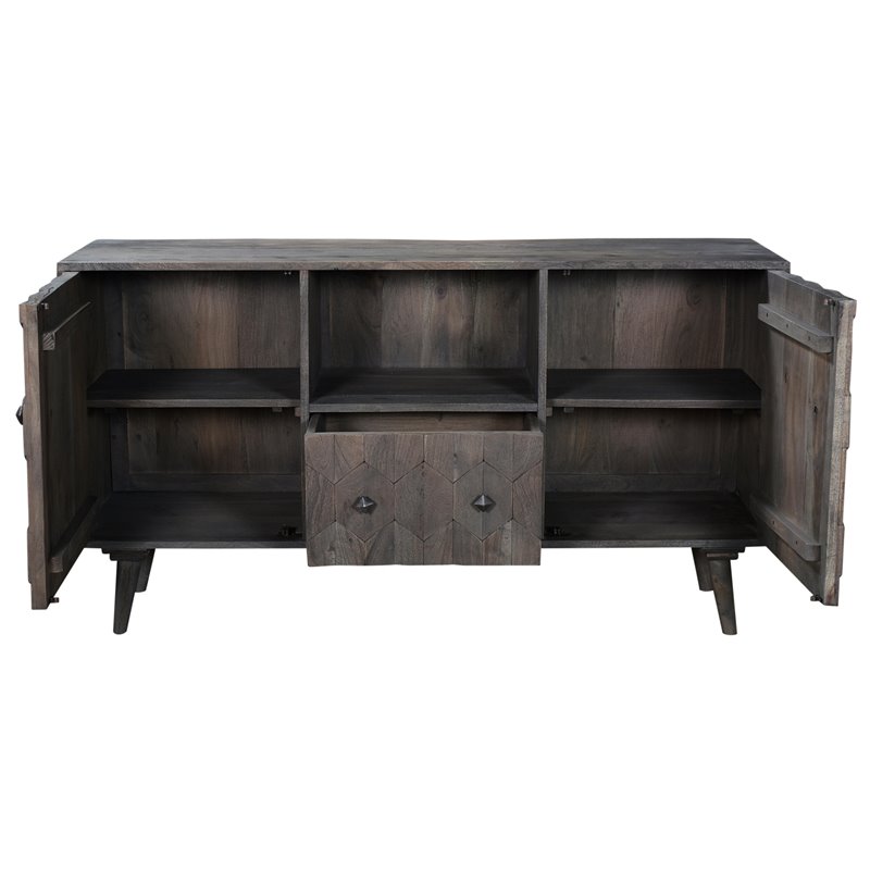 Pemberly Row Kiln-Dried Mango Wood Media Cabinet with Diamond Details in Gray