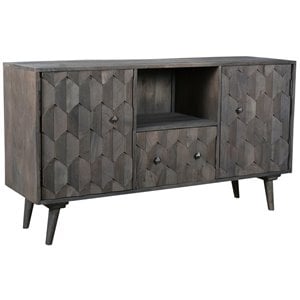 Pemberly Row Kiln-Dried Mango Wood Media Cabinet with Diamond Details in Gray