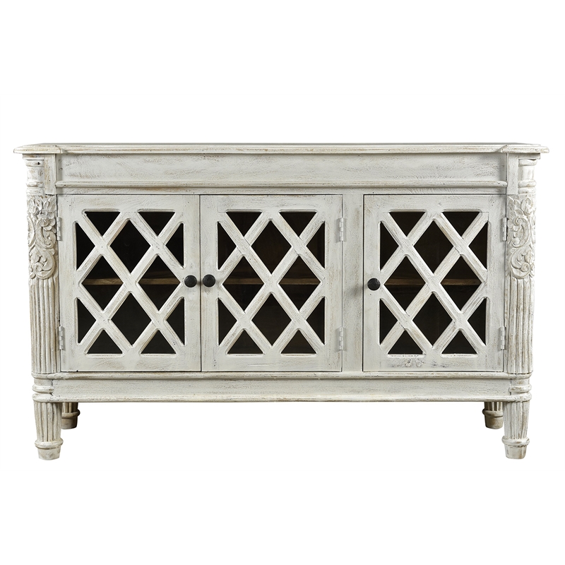Pemberly Row 3-Door Solid Wood Sideboard with Glass Inserts in Antique White