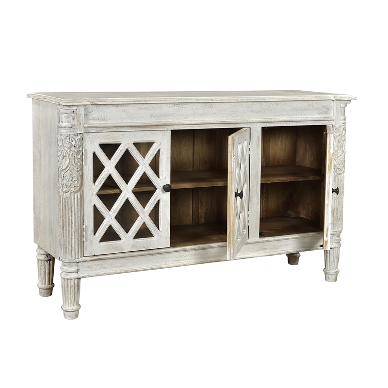 Pemberly Row 3-Door Solid Wood Sideboard with Glass Inserts in Antique White