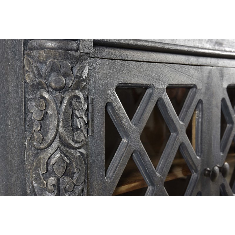 Pemberly Row 3-Door Solid Wood Sideboard with Glass Inserts in Antique Gray