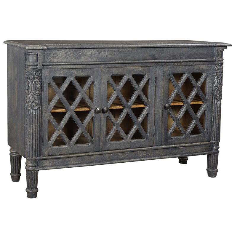 Pemberly Row 3-Door Solid Wood Sideboard with Glass Inserts in Antique Gray