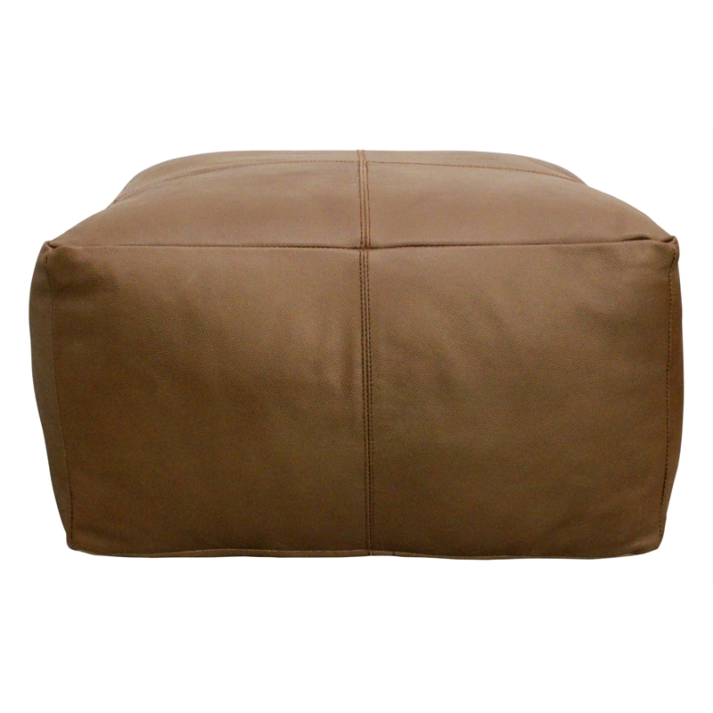 Pemberly Row Genuine Leather Pouf Ottoman with Contrast Stitching in Brown