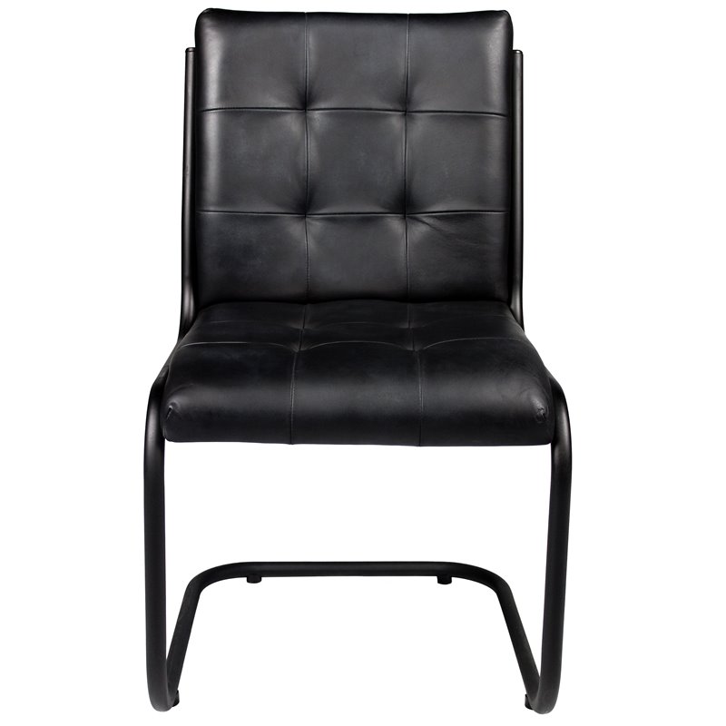 Pemberly Row Tufted Leather Side Chair on Cast Iron Frame in Black
