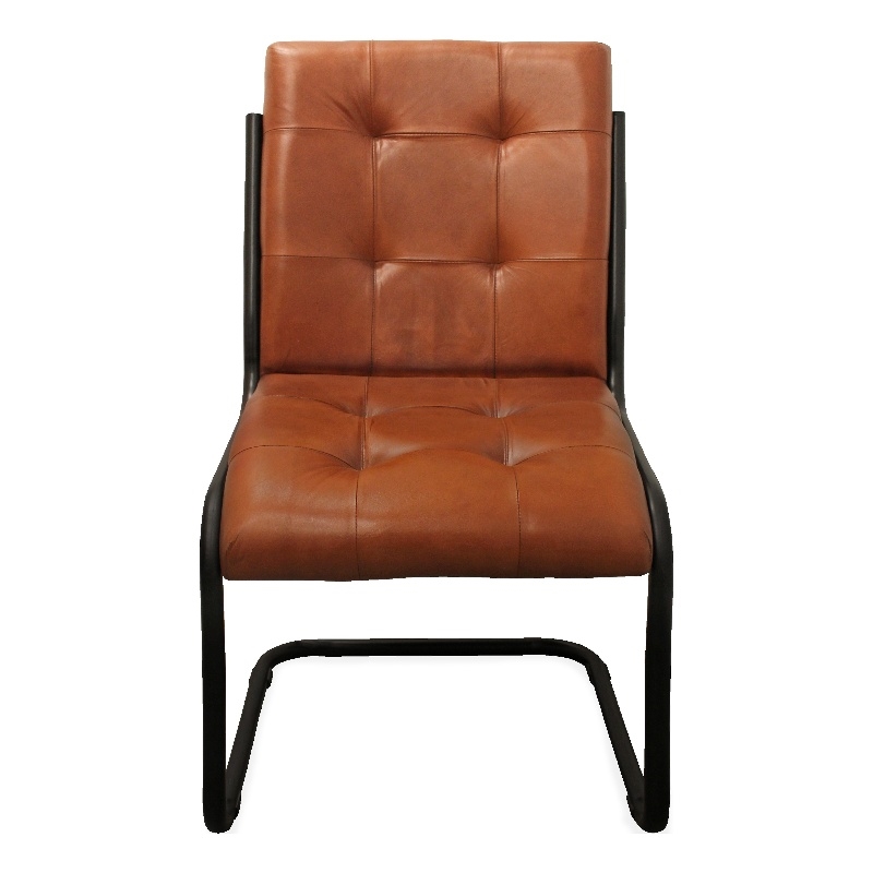 Pemberly Row Leather Side Chair with Stitching on Cast Iron Frame in Mahogany