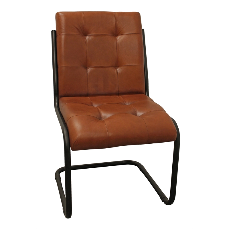 Pemberly Row Leather Side Chair with Stitching on Cast Iron Frame in Mahogany
