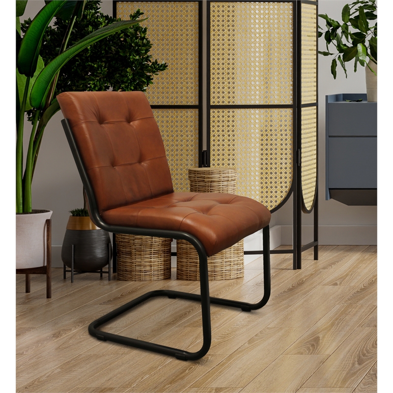 Pemberly Row Leather Side Chair with Stitching on Cast Iron Frame in Mahogany