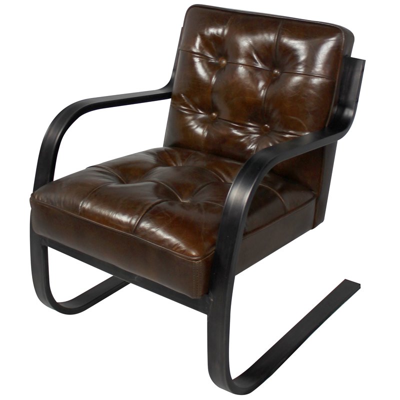 Pemberly Row Button-Tufted Leather Arm Chair on Metal Frame in Brown