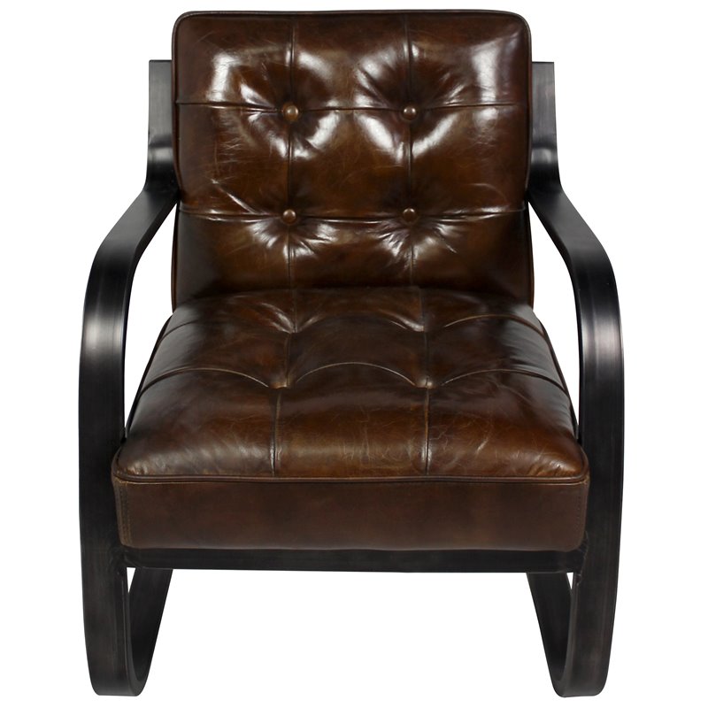 Pemberly Row Button-Tufted Leather Arm Chair on Metal Frame in Brown