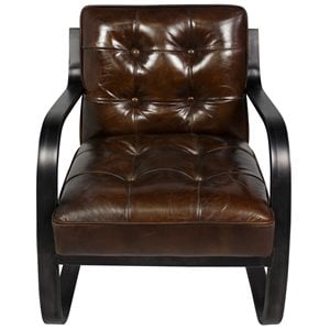 Pemberly Row Button-Tufted Leather Arm Chair on Metal Frame in Brown