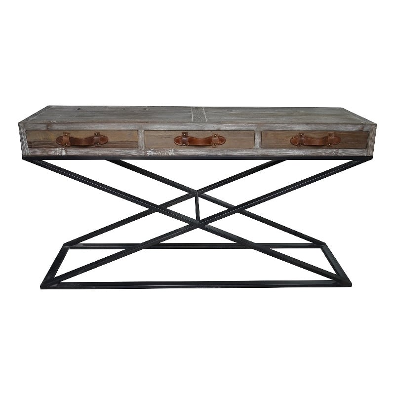Pemberly Row 3-Drawer Solid Wood Console Table with Leather Pulls in Brown
