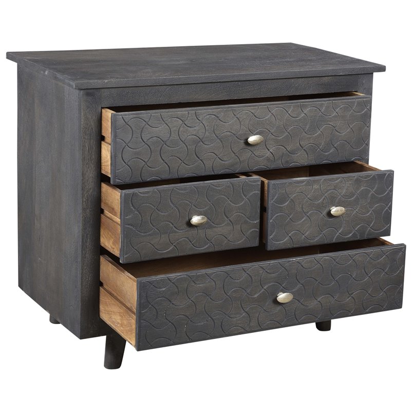 Pemberly Row Hand-Carved 4-Drawer Mango Wood Nightstand in Gray Wash