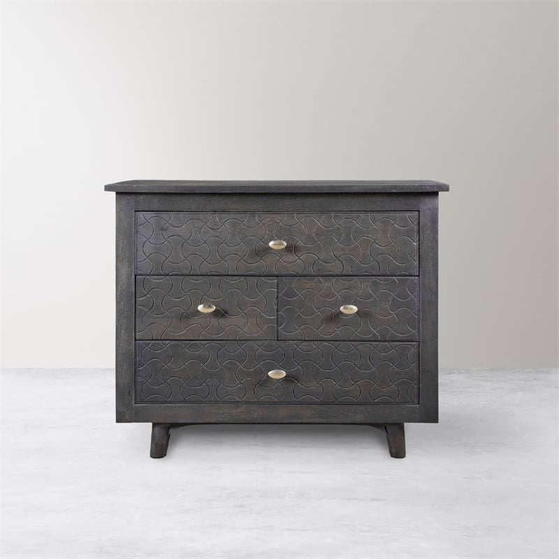 Pemberly Row Hand-Carved 4-Drawer Mango Wood Nightstand in Gray Wash