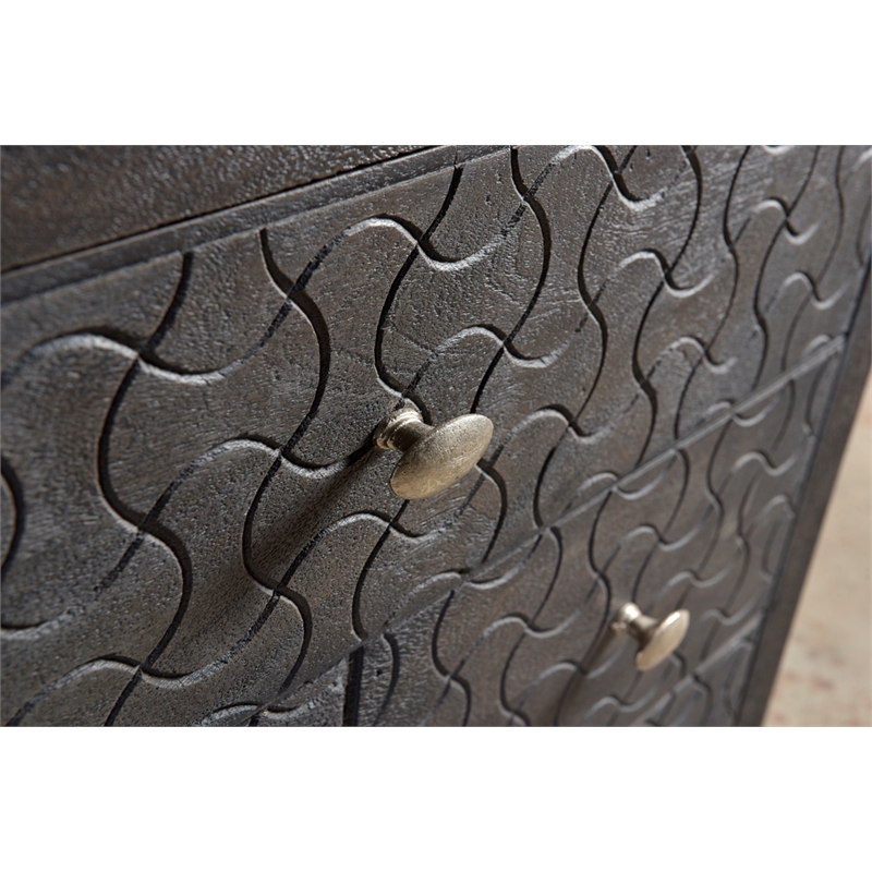 Pemberly Row 3-Drawer Hand-Carved Mango Wood Nightstand in Gray Wash