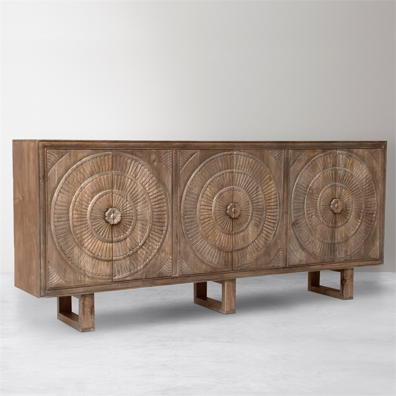 Pemberly Row 6-Door Hand-Carved Acacia Wood Cabinet on 3 Legs in Brown