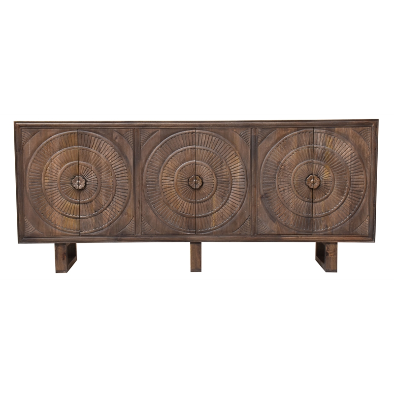 Pemberly Row 6-Door Hand-Carved Acacia Wood Cabinet on 3 Legs in Brown