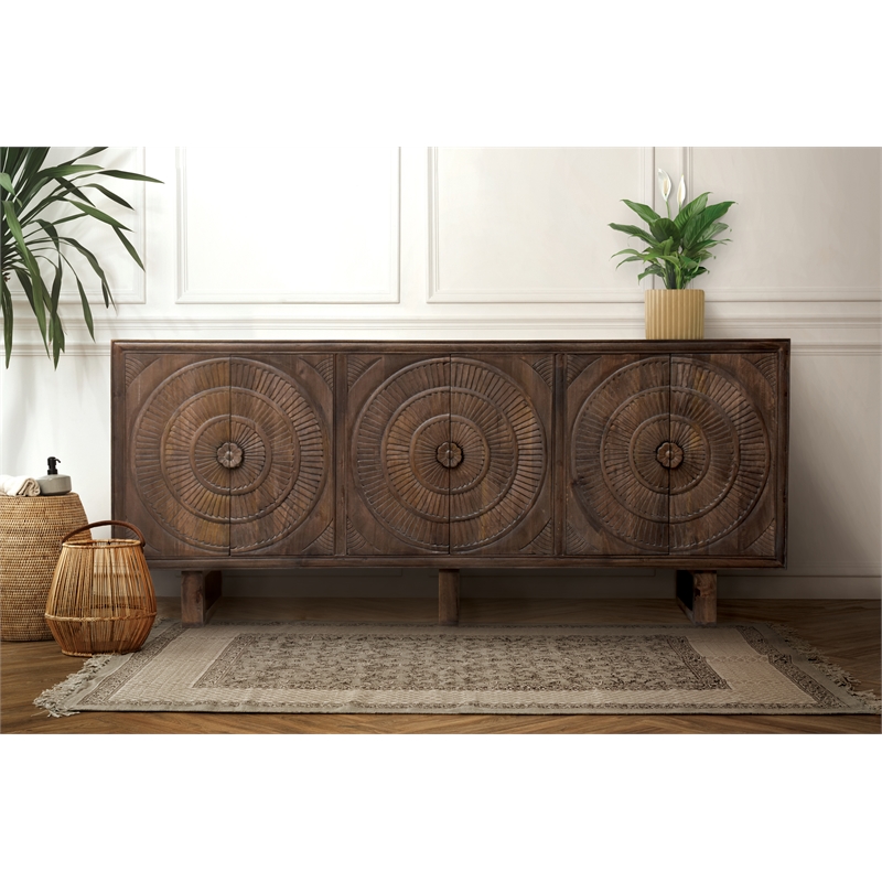 Pemberly Row 6-Door Hand-Carved Acacia Wood Cabinet on 3 Legs in Brown