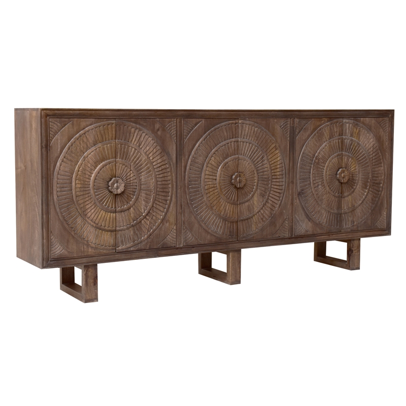 Pemberly Row 6-Door Hand-Carved Acacia Wood Cabinet on 3 Legs in Brown