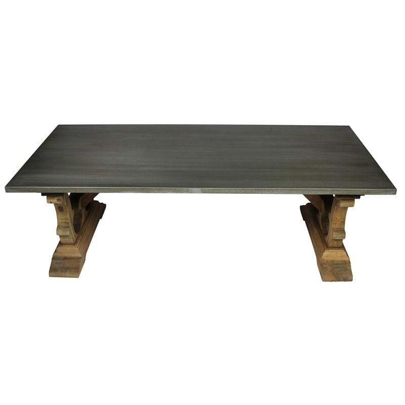 Pemberly Row Hand-Carved Solid Pine Cocktail Table with Zinc Top in Natural